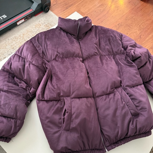 Nine West Velvet Puffer Jacket Plum Purple Oversized Quilted Coat Luxury Bomber - Picture 4 of 5